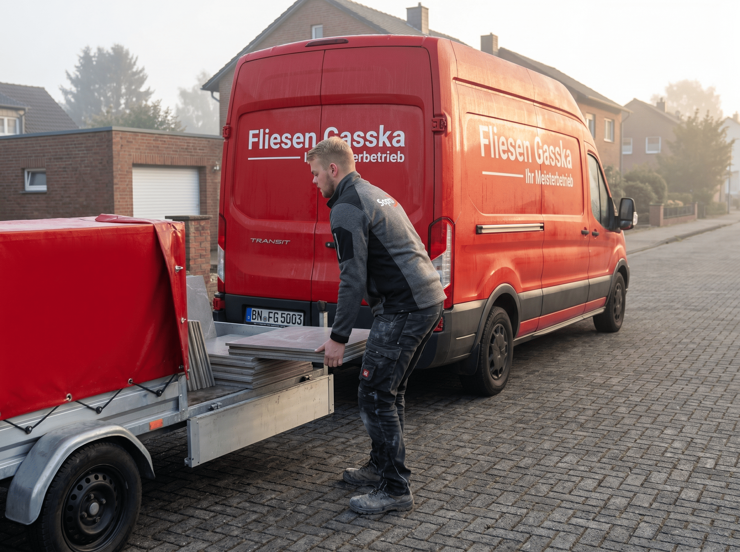 Beleuchtete Wandnische mit Fischgrät‑Fliesen